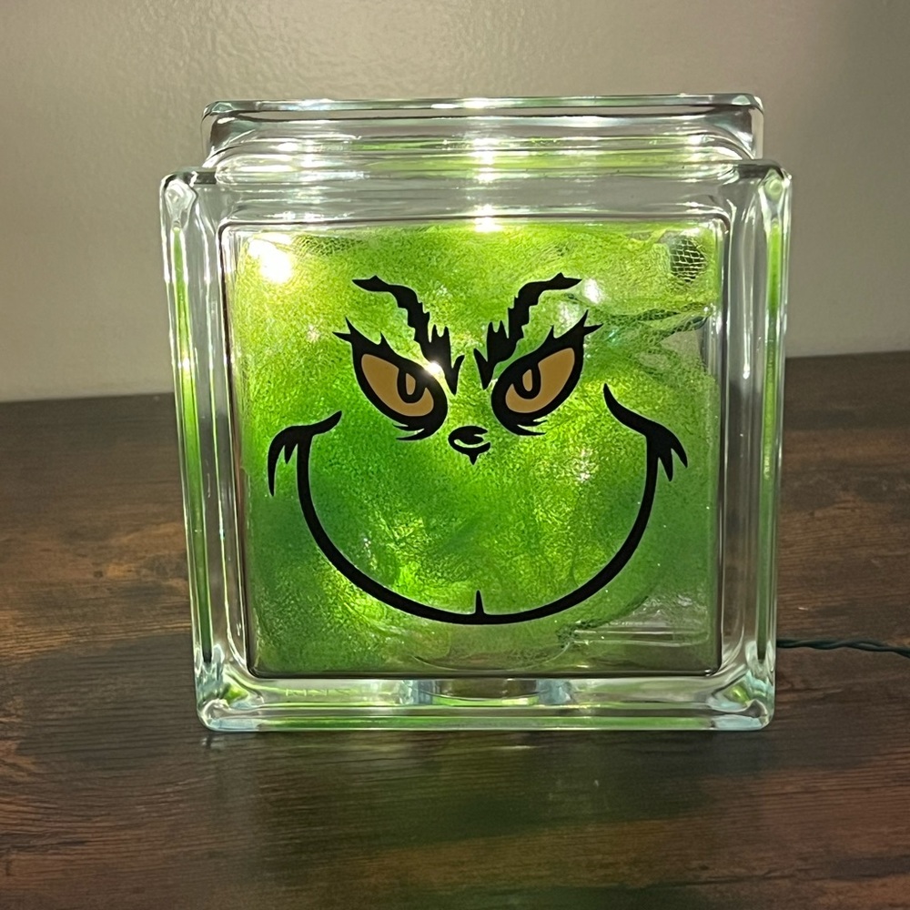 Handmade Grinch Inspired Glass Block